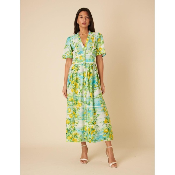 NWT Nobody's Child Women's US 4 Green Lemon Print Sorcha V-Neck Midi Dress NWT Nobody's Child Women's US 4 Green Lemon Print Sorcha V-Neck Midi Dress